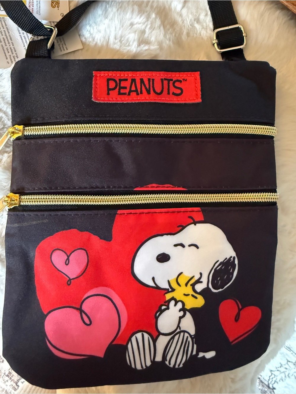 Peanuts Black Crossbody Bag with Red & Pink Heart Graphics